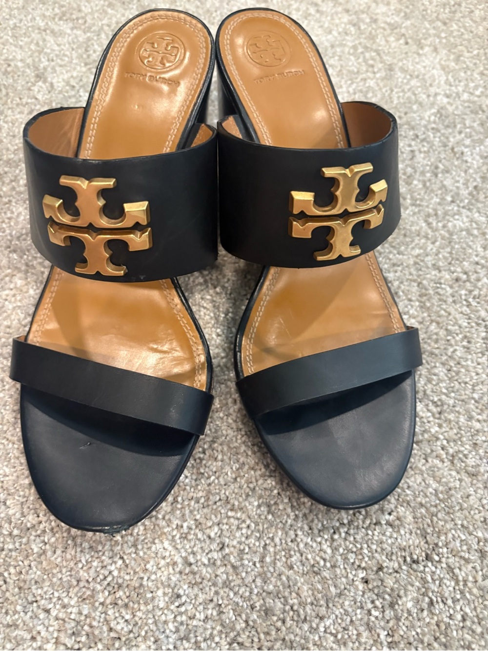 Tory Burch Black Leather Slide Sandals with Gold Logo Medallions - Picture 5 of 5